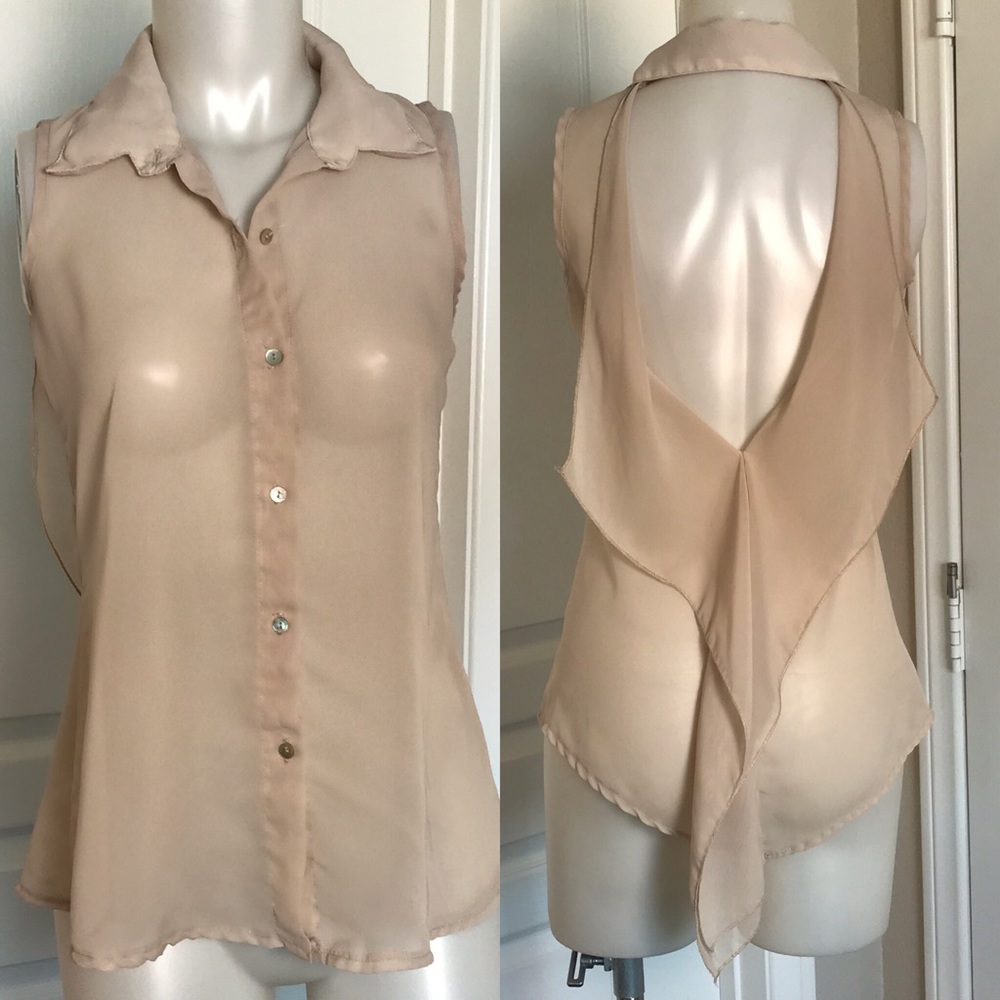 POETRY CLOTHING BEIGE SHEER BUTTON UP BACKLESS TOP